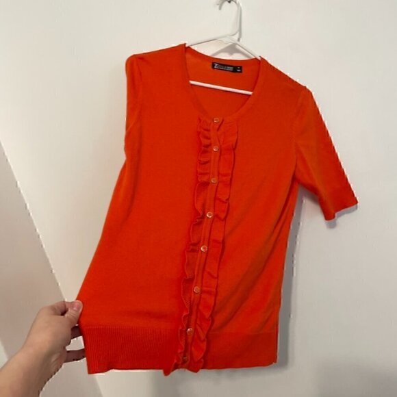 NEW YORK & COMPANY NY&CO Solid Orange Ruffle Short Elbow Sleeve Cardigan Sweater - Picture 7 of 15